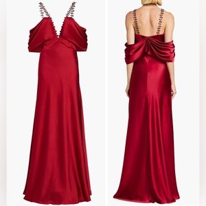 Ozgur Masur Deep V-Neck Draped Shoulder Gown